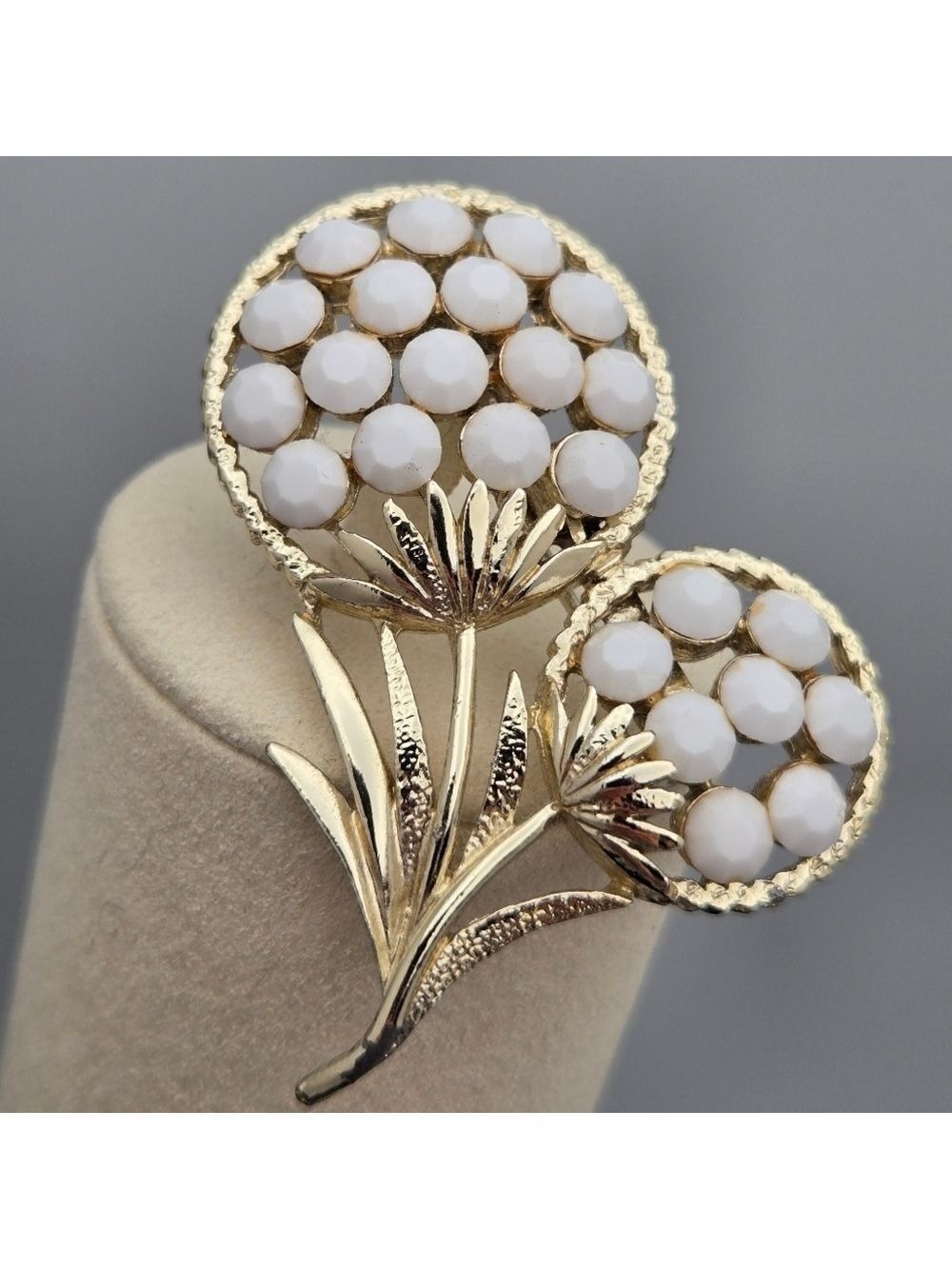 Coro Gold Tone Floral Vintage Brooch with White Cabochon Stones